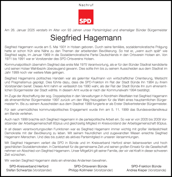 Traueranzeige von Siegfried Hagemann von Neue Westfälische und Westfalen-Blatt