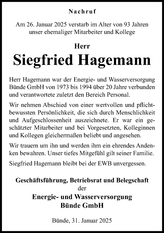 Traueranzeige von Siegfried Hagemann von Neue Westfälische und Westfalen-Blatt
