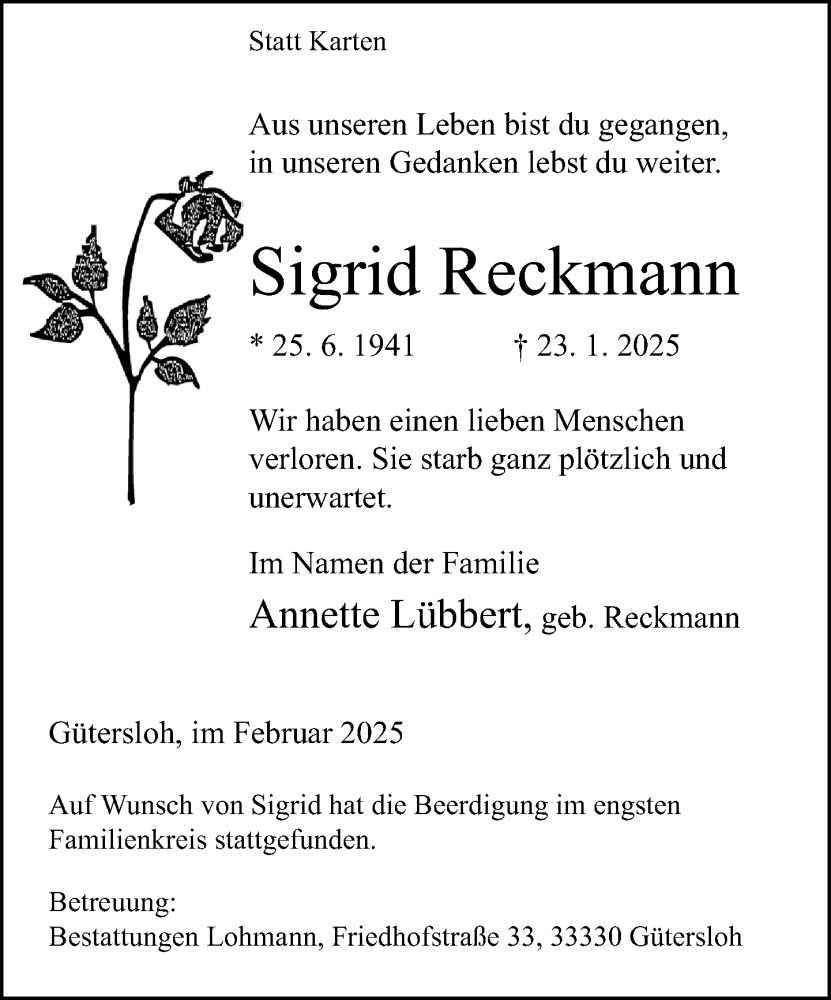  Traueranzeige für Sigrid Reckmann vom 01.02.2025 aus Neue Westfälische und Westfalen-Blatt