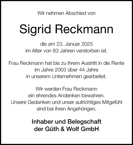 Traueranzeige von Sigrid Reckmann von Neue Westfälische und Westfalen-Blatt