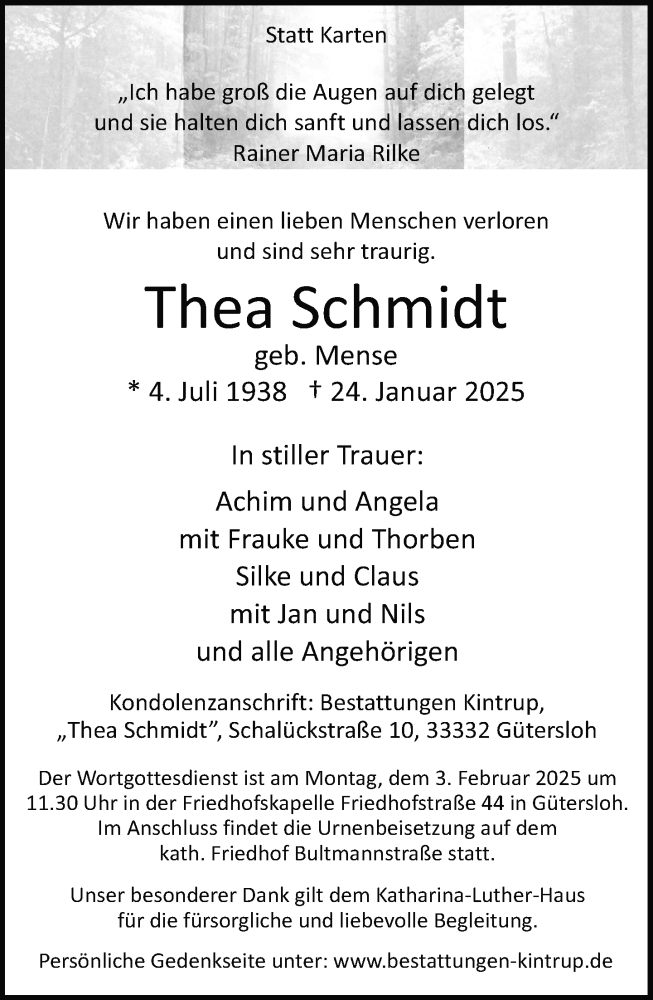  Traueranzeige für Thea Schmidt vom 01.02.2025 aus Neue Westfälische und Westfalen-Blatt