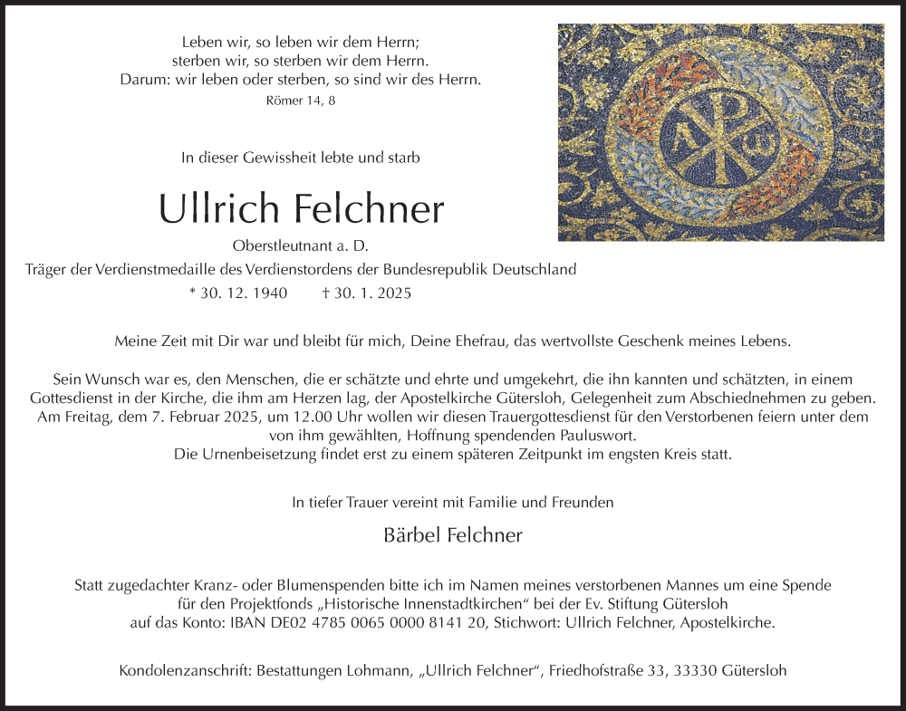 Traueranzeige für Ullrich Felchner vom 01.02.2025 aus Neue Westfälische und Westfalen-Blatt