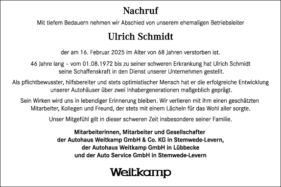 Traueranzeige von Ulrich Schmidt von Neue Westfälische und Westfalen-Blatt