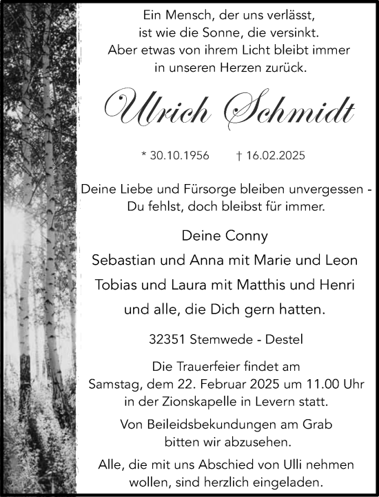 Traueranzeige von Ulrich Schmidt von Neue Westfälische und Westfalen-Blatt
