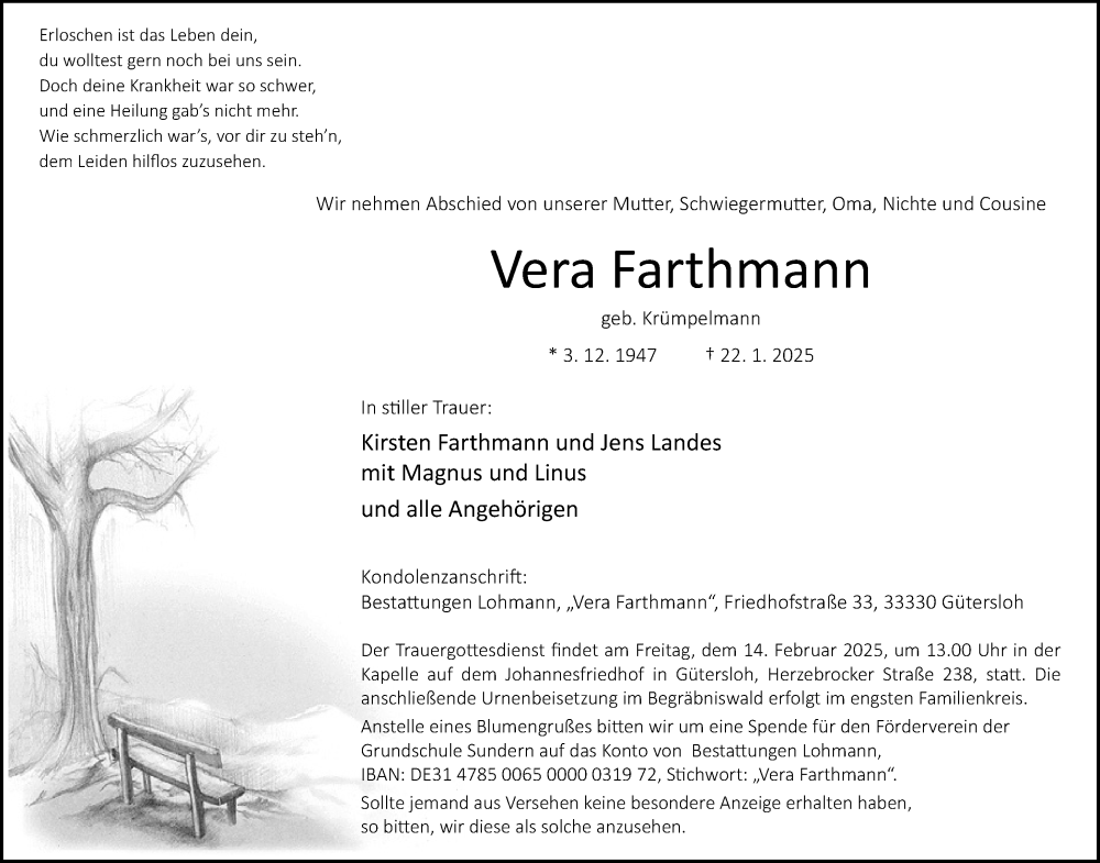  Traueranzeige für Vera Farthmann vom 01.02.2025 aus Neue Westfälische und Westfalen-Blatt