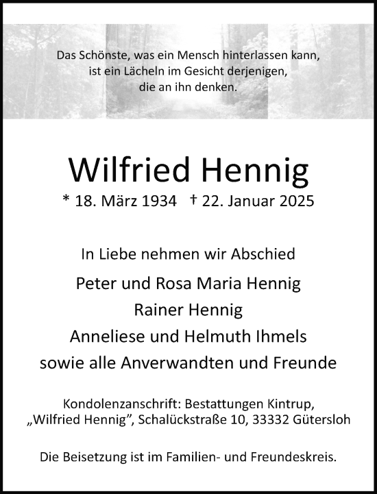 Traueranzeige von Wilfried Hennig von Neue Westfälische und Westfalen-Blatt