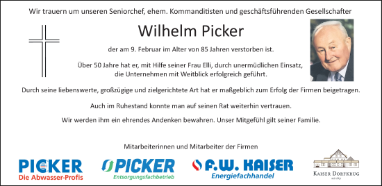 Traueranzeige von Wilhelm Picker von Neue Westfälische und Westfalen-Blatt