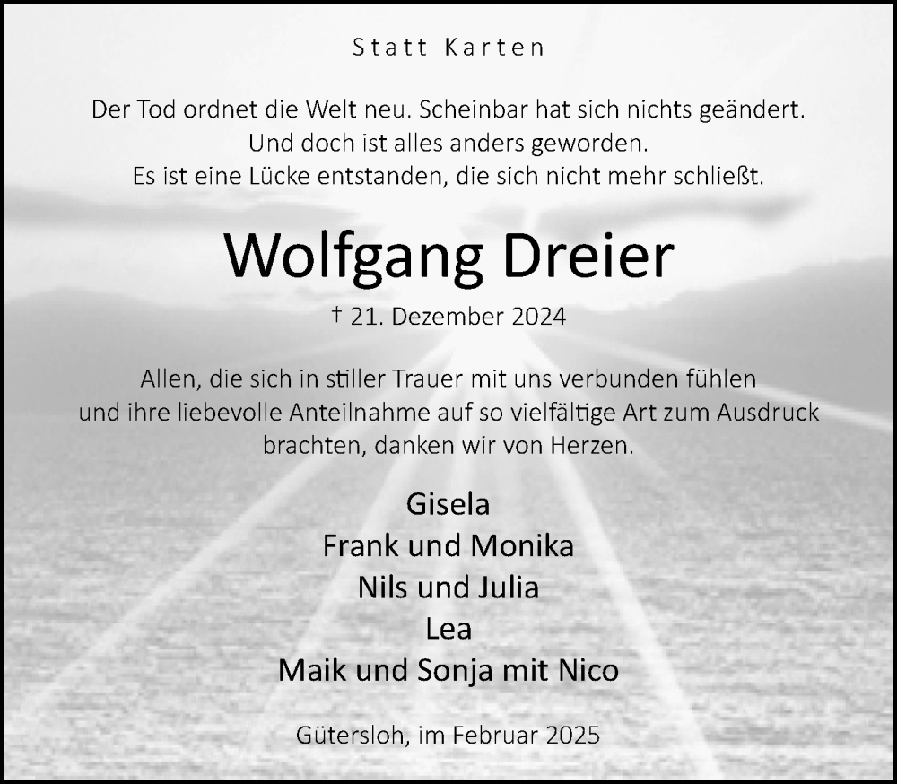  Traueranzeige für Wolfgang Dreier vom 01.02.2025 aus Neue Westfälische und Westfalen-Blatt