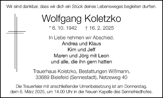 Traueranzeige von Wolfgang Koletzko von Neue Westfälische und Westfalen-Blatt