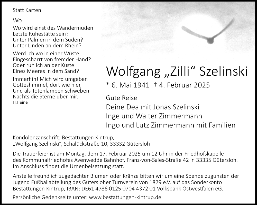  Traueranzeige für Wolfgang Szelinski vom 11.02.2025 aus Neue Westfälische und Westfalen-Blatt