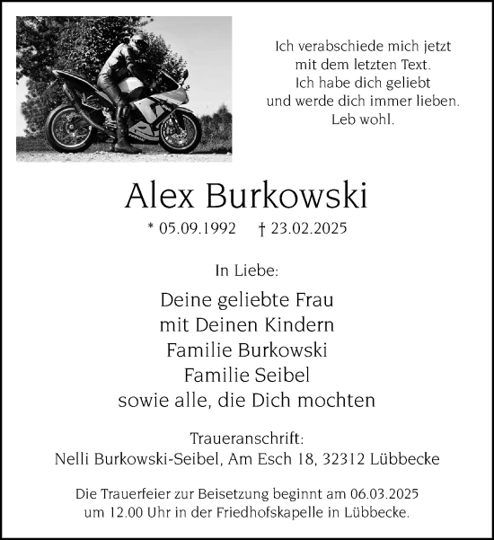 Traueranzeige von Alex Burkowski von Neue Westfälische und Westfalen-Blatt