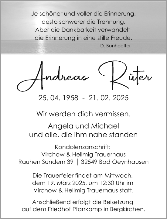 Traueranzeige von Andreas Rüter von Neue Westfälische und Westfalen-Blatt