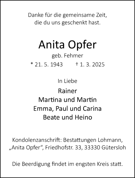 Traueranzeige von Anita Opfer von Neue Westfälische und Westfalen-Blatt