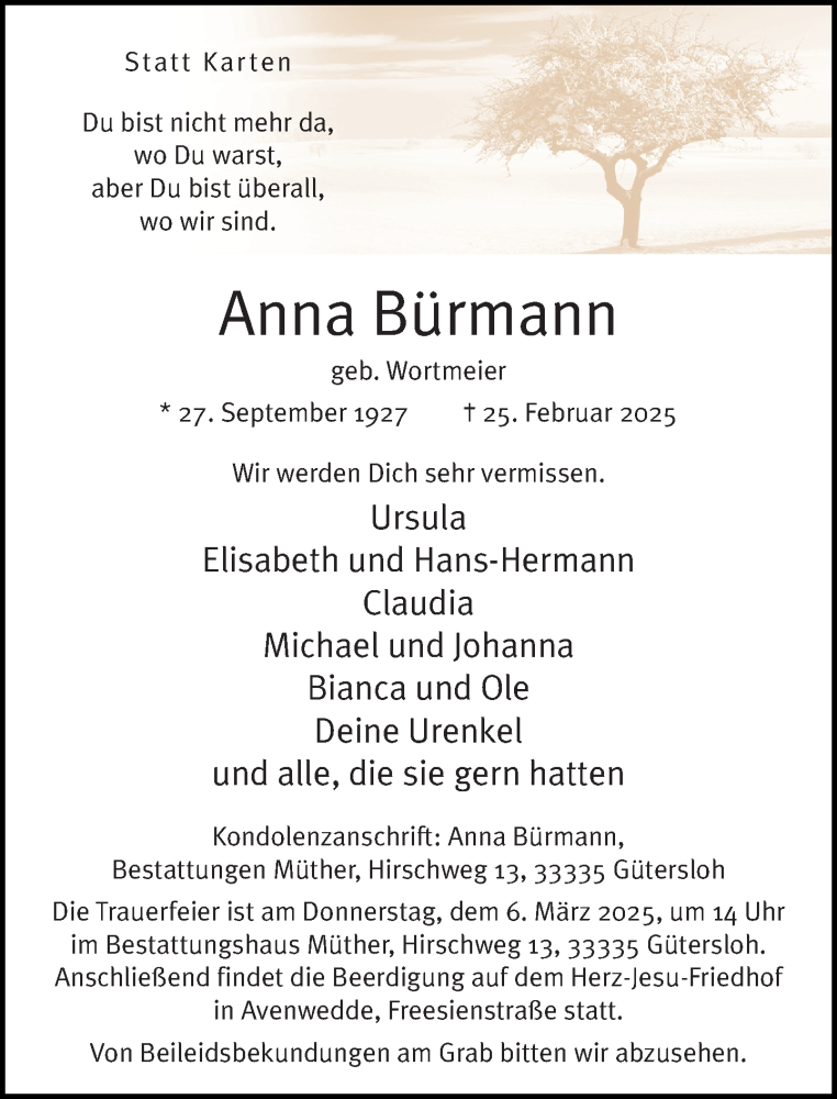  Traueranzeige für Anna Bürmann vom 01.03.2025 aus Neue Westfälische und Westfalen-Blatt