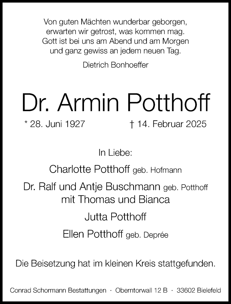  Traueranzeige für Armin Potthoff vom 01.03.2025 aus Neue Westfälische und Westfalen-Blatt