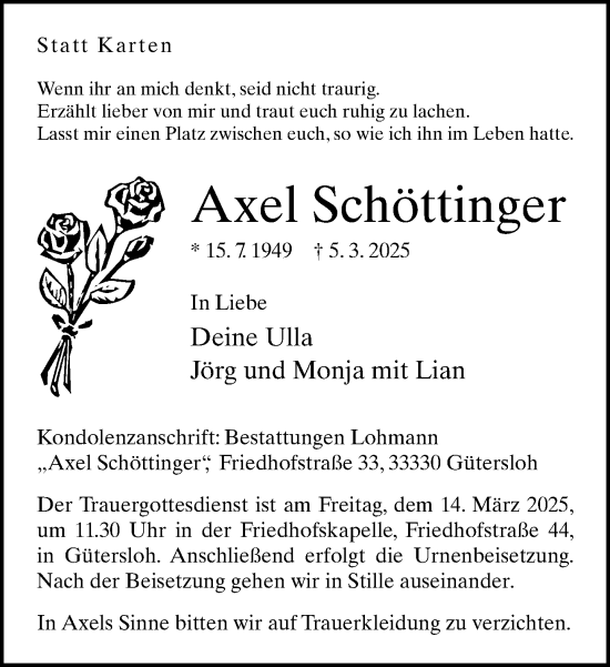 Traueranzeige von Axel Schöttinger von Neue Westfälische und Westfalen-Blatt