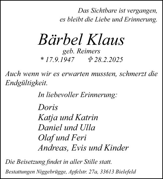 Traueranzeige von Bärbel Klaus von Neue Westfälische und Westfalen-Blatt