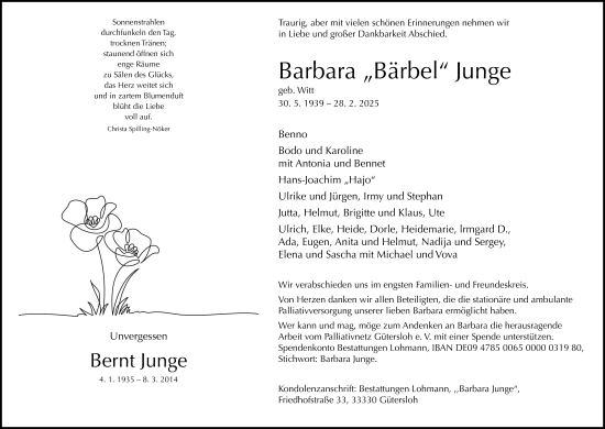Traueranzeige von Barbara Junge von Neue Westfälische und Westfalen-Blatt