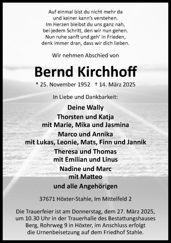 Traueranzeige von Bernd Kirchhoff von Neue Westfälische und Westfalen-Blatt