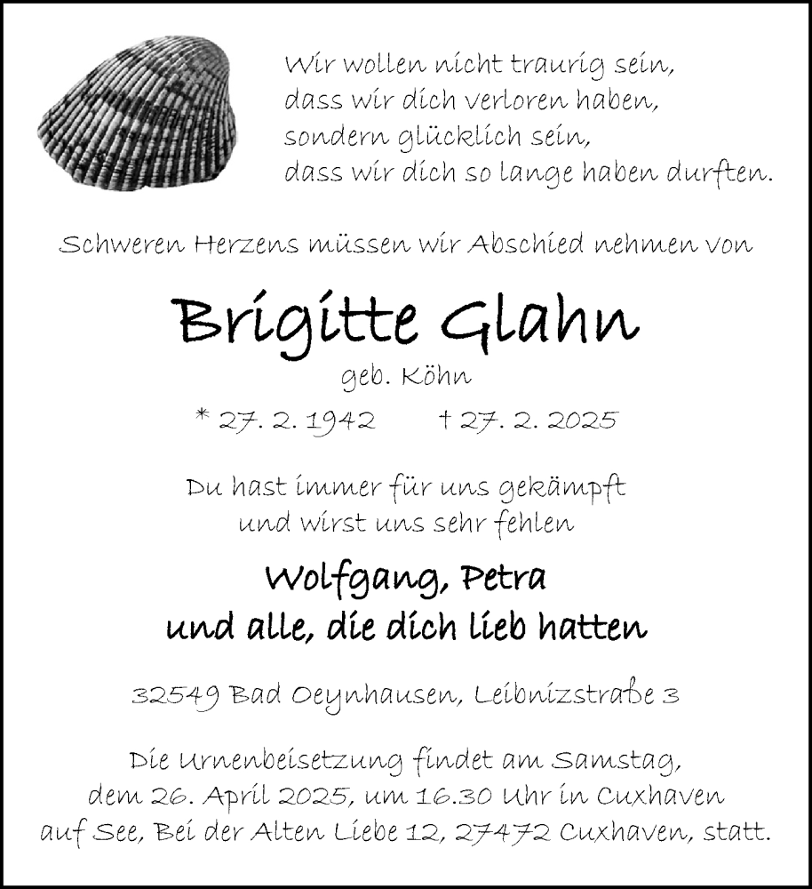  Traueranzeige für Brigitte Glahn vom 08.03.2025 aus Neue Westfälische und Westfalen-Blatt