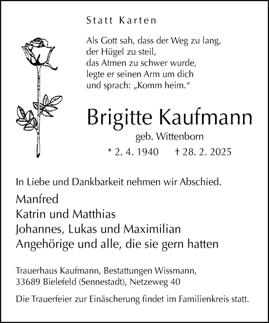Traueranzeige von Brigitte Kaufmann von Neue Westfälische und Westfalen-Blatt