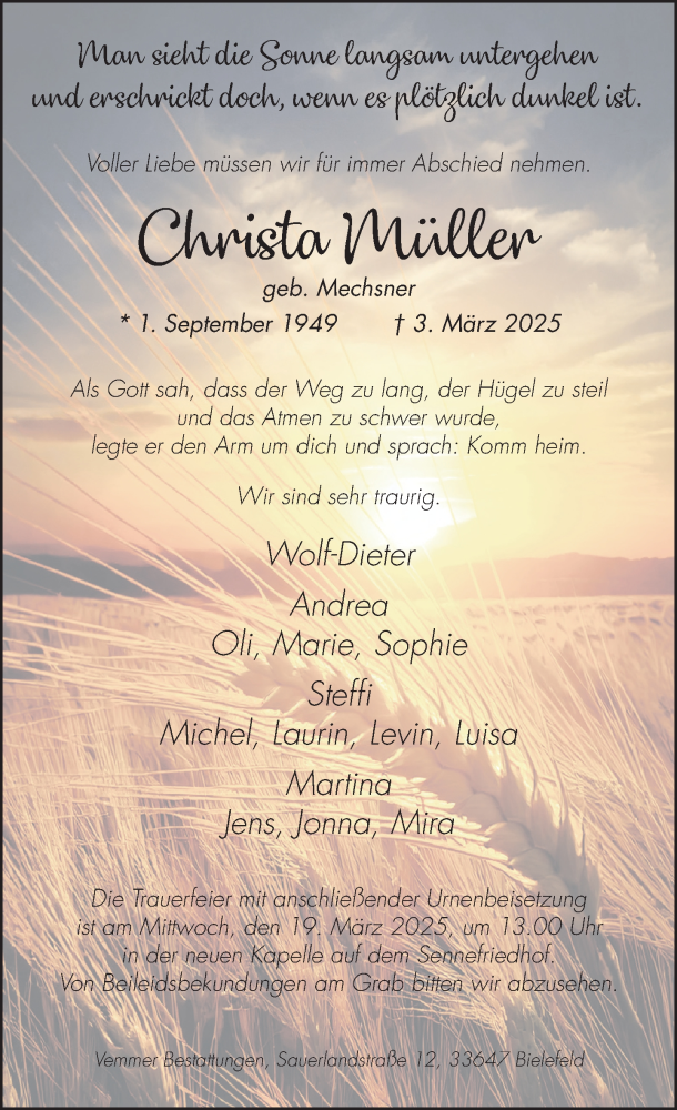  Traueranzeige für Christa Müller vom 08.03.2025 aus Neue Westfälische und Westfalen-Blatt
