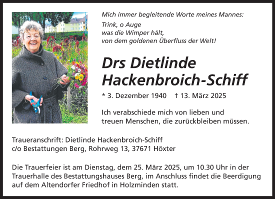 Traueranzeige von Dietlinde Hackenbroich-Schiff von Neue Westfälische und Westfalen-Blatt