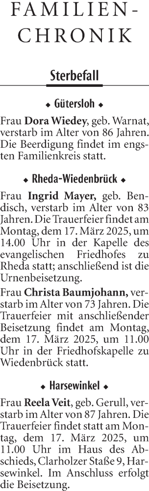 Traueranzeige von Dora Wiedey von Neue Westfälische und Westfalen-Blatt