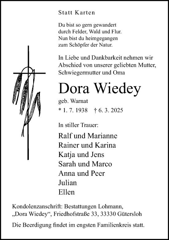 Traueranzeige von Dora Wiedey von Neue Westfälische und Westfalen-Blatt
