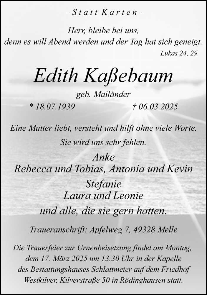  Traueranzeige für Edith Kaßebaum vom 08.03.2025 aus Neue Westfälische und Westfalen-Blatt
