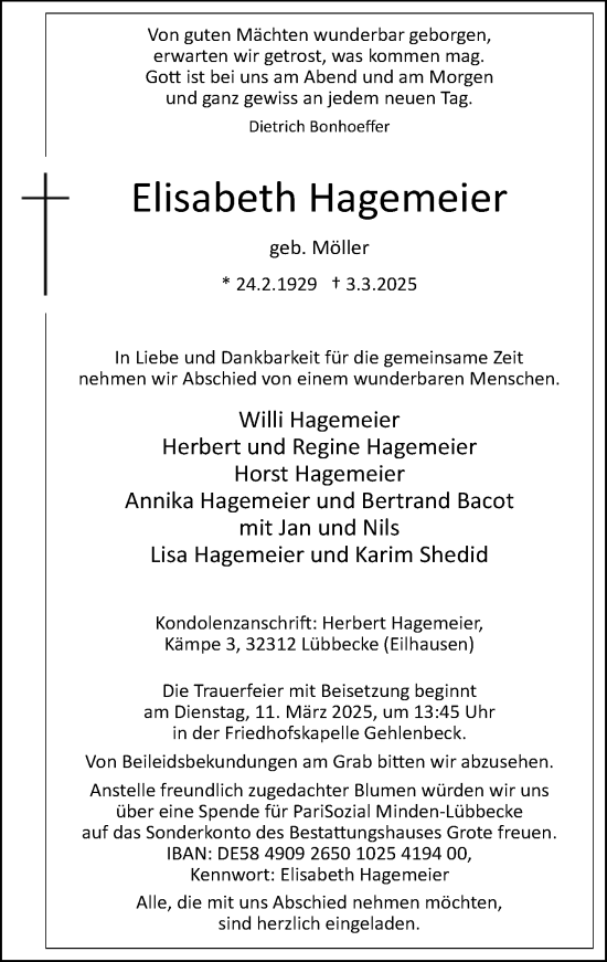 Traueranzeige von Elisabeth Hagemeier von Neue Westfälische und Westfalen-Blatt