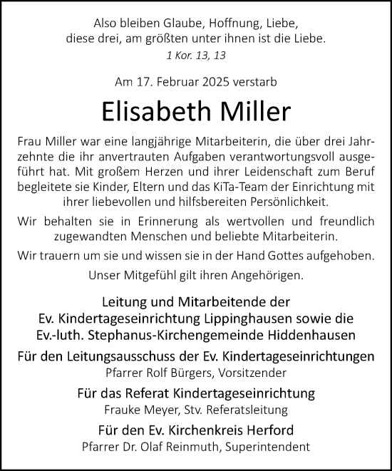 Traueranzeige von Elisabeth Miller von Neue Westfälische und Westfalen-Blatt