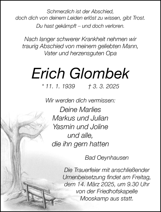 Traueranzeige von Erich Glombek von Neue Westfälische und Westfalen-Blatt