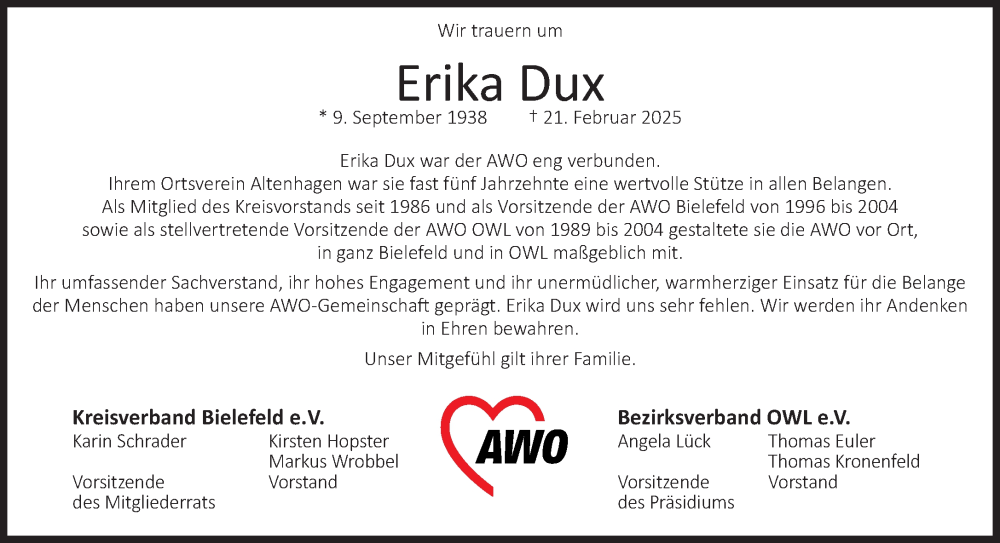 Traueranzeige für Erika Dux vom 01.03.2025 aus Neue Westfälische und Westfalen-Blatt