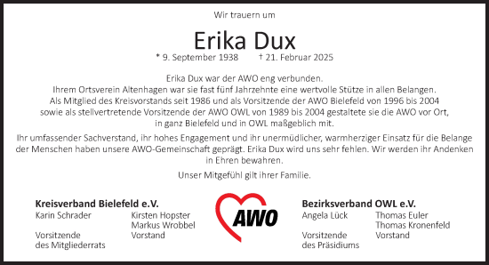 Traueranzeige von Erika Dux von Neue Westfälische und Westfalen-Blatt