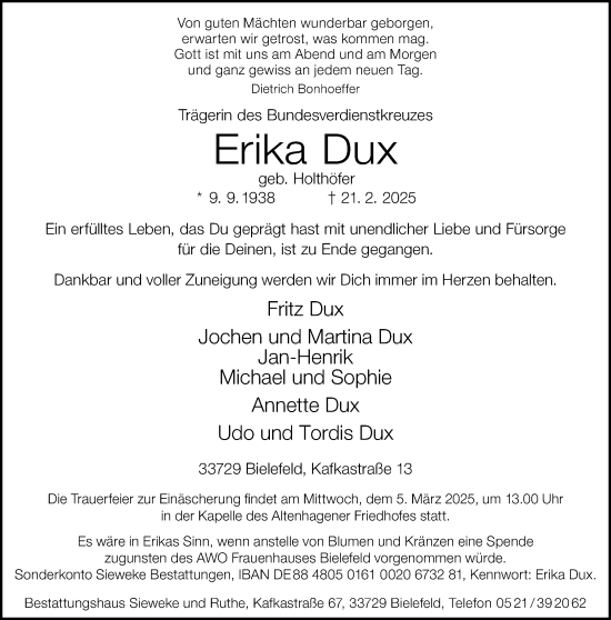 Traueranzeige von Erika Dux von Neue Westfälische und Westfalen-Blatt