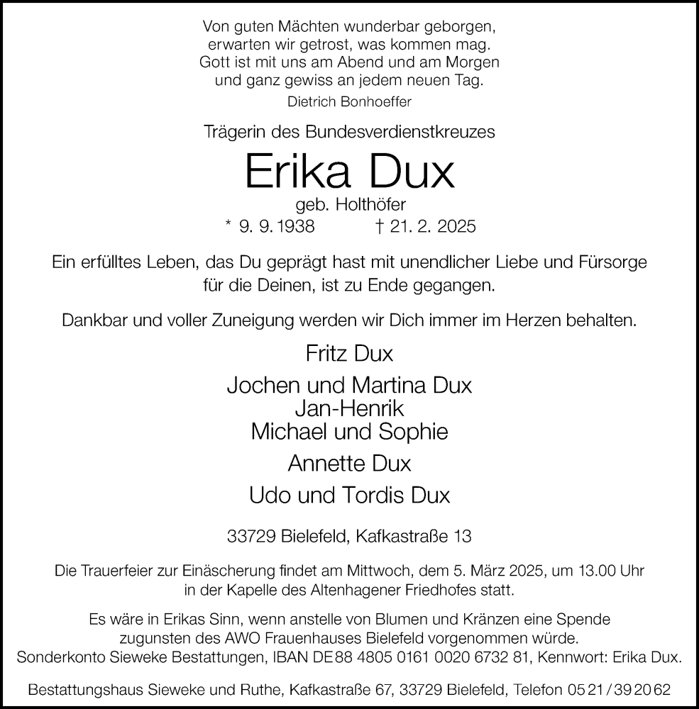 Traueranzeige für Erika Dux vom 01.03.2025 aus Neue Westfälische und Westfalen-Blatt