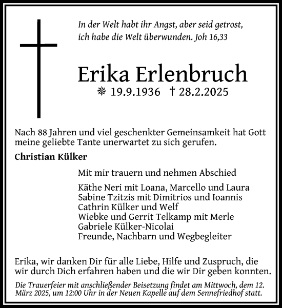 Traueranzeige von Erika Erlenbruch von Neue Westfälische und Westfalen-Blatt