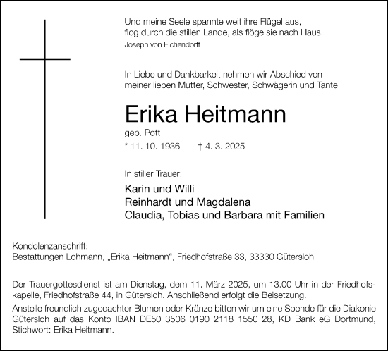 Traueranzeige von Erika Heitmann von Neue Westfälische und Westfalen-Blatt