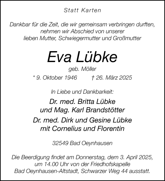 Traueranzeige von Eva Lübke von Neue Westfälische und Westfalen-Blatt