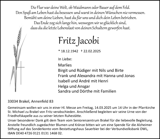Traueranzeige von Fritz Jacobi von Neue Westfälische und Westfalen-Blatt
