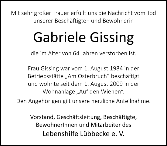Traueranzeige von Gabriele Gissing von Neue Westfälische und Westfalen-Blatt