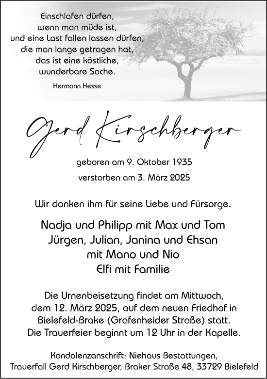 Traueranzeige von Gerd Kirschberger von Neue Westfälische und Westfalen-Blatt