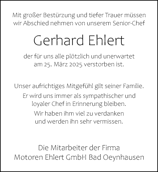 Traueranzeige von Gerhard Ehlert von Neue Westfälische und Westfalen-Blatt
