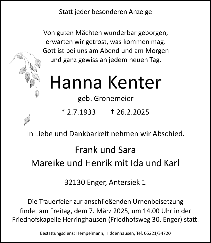  Traueranzeige für Hanna Kenter vom 01.03.2025 aus Neue Westfälische und Westfalen-Blatt