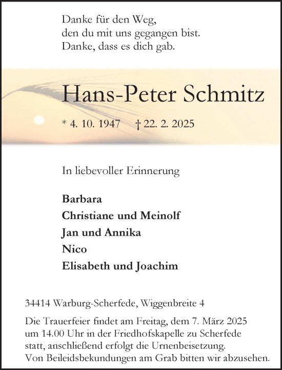 Traueranzeige von Hans-Peter Schmitz von Neue Westfälische und Westfalen-Blatt
