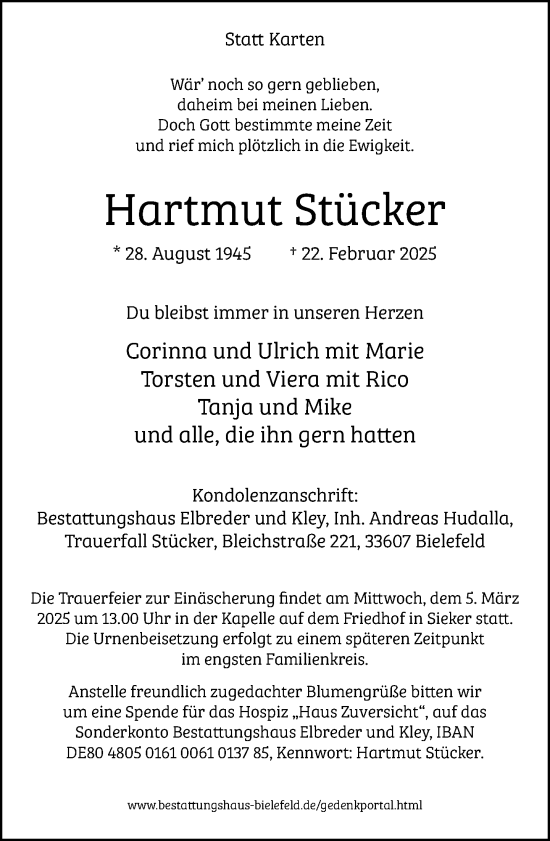Traueranzeige von Hartmut Stücker von Neue Westfälische und Westfalen-Blatt