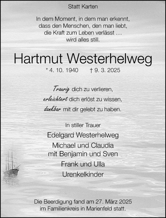 Traueranzeige von Hartmut Westerhelweg von Neue Westfälische und Westfalen-Blatt