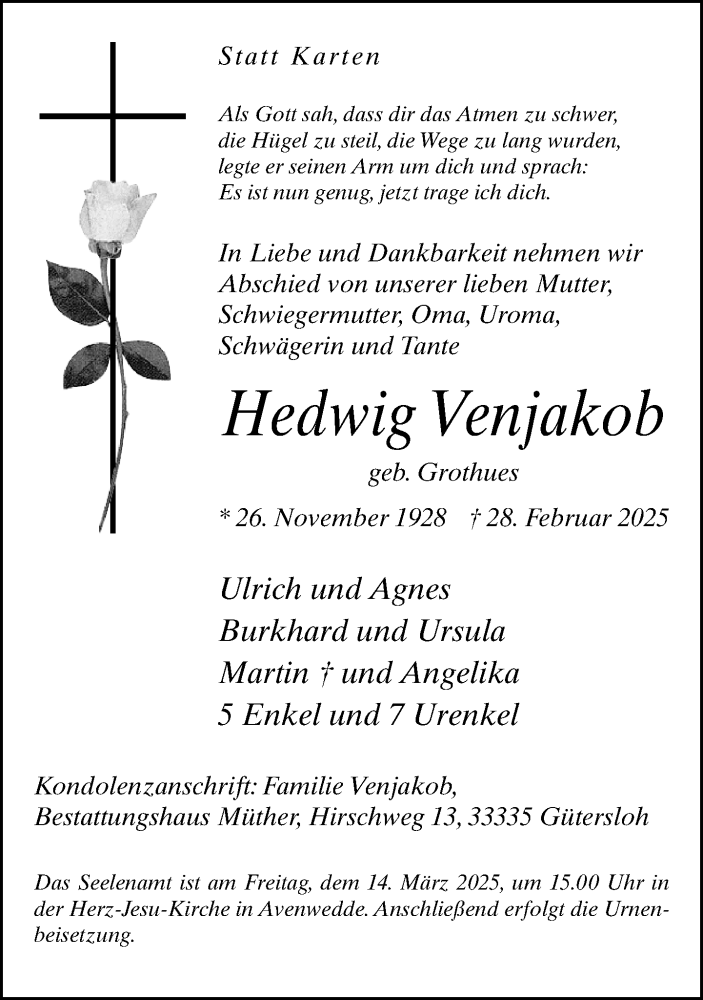  Traueranzeige für Hedwig Venjakob vom 05.03.2025 aus Neue Westfälische und Westfalen-Blatt