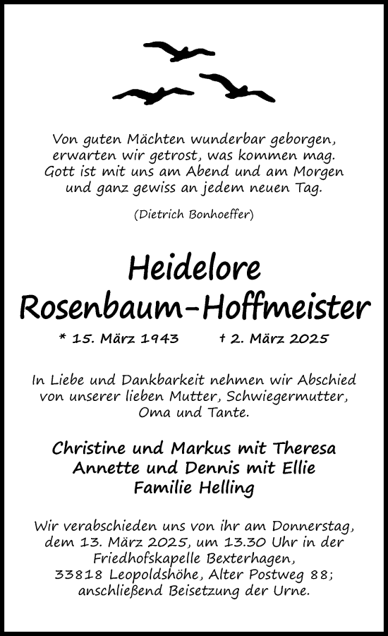 Traueranzeige von Heidelore Rosenbaum-Hoffmeister von Neue Westfälische und Westfalen-Blatt